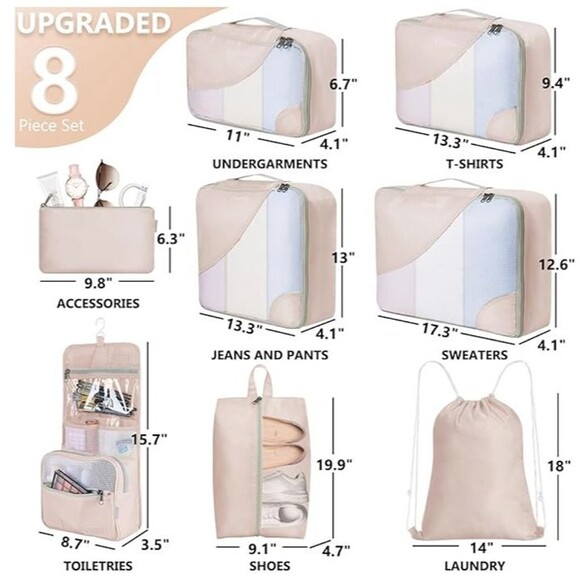 8 Set Beige Neutral Packing Cubes for Travel  Vacation Resort Anti-Tearing Case - Picture 2 of 10